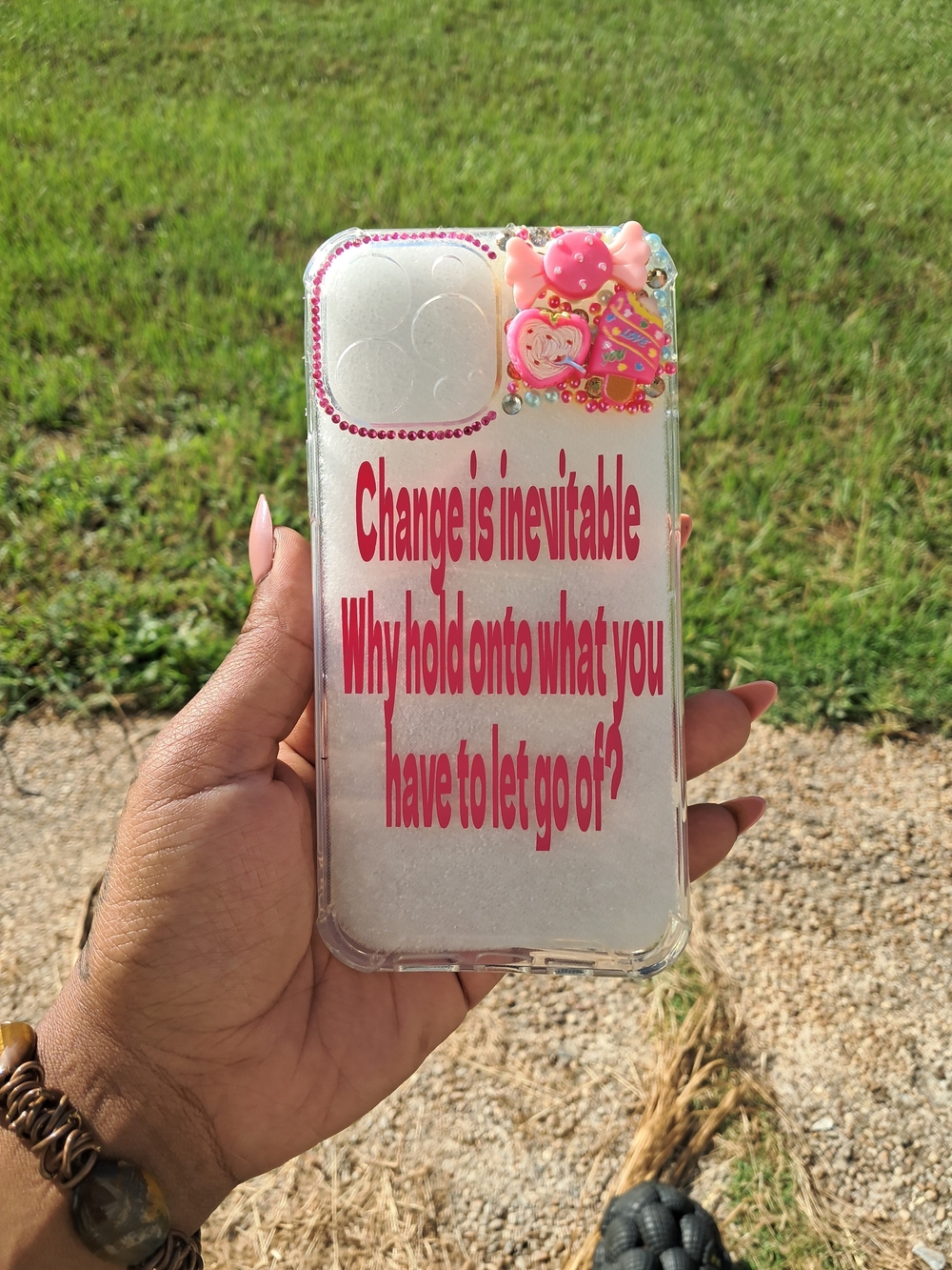 Clear Pink Text Decorative Phone Case with Candy Charm IPhone 13 Pro Max